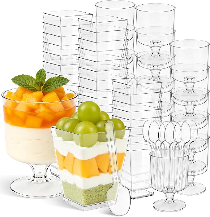 Ginkgo 100 Pack (200 Pieces) 5 oz Plastic Dessert Cups with Spoons | Dual-Shape Disposable Clear Square & Stemmed Cups, Mini Parfait Cups for Appetizer, Pudding, Yogurt, Fruit & Jello Shots