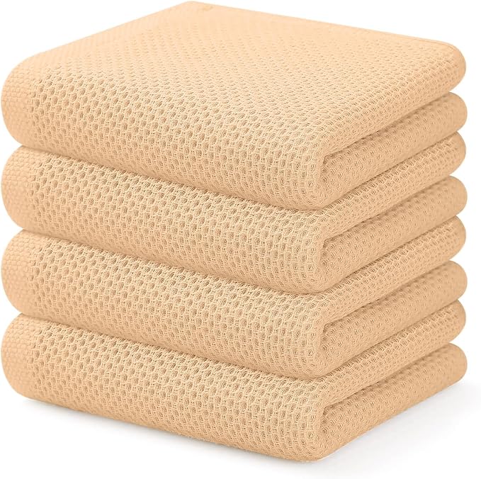 Kitinjoy 100% Cotton Waffle 4-Pack Kitchen Towels, 13" x 28", Apricot | Super Soft, Ultra-Absorbent, Fast Drying, lightweight, Quick Drying Kitchen Hand Towels