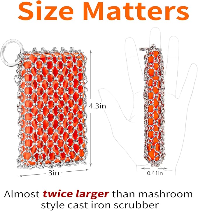 Herda 316L Cast Iron Scrubber Cleaner, Large Cast Iron Chain Mail Scrubber - Chainmail Scrubber Sponge - Metal Skillet Scrubbing, Wok, Dutch Oven Cleaning Kit-Detachable