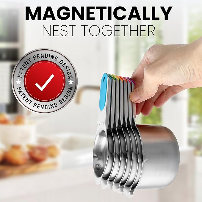 Spring Chef Magnetic Stainless Steel Measuring Cups Set of 7 Patented, Neon | Metal Measuring Cups for Measuring Dry or Liquid Ingredients, Easy to Read Markings, Dishwasher Safe Nesting Magnetic Cups