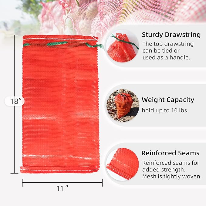 10 lb Mesh Onion Bags, 11"×18" Mesh Produce Bags Hanging Reusable Breathable Vegetable Storage Net Bag with Drawstring for Onions Potatoes Citrus Crawfish, Red (Pack of 10)