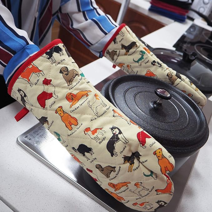 Oven Mitts Cotton Fashion Cute Dog Design 1 Pair | Heat Resistant Oven Gloves Safe Cooking Baking Grilling Barbecue Machine Washable Pot Holders (Dog Flower)