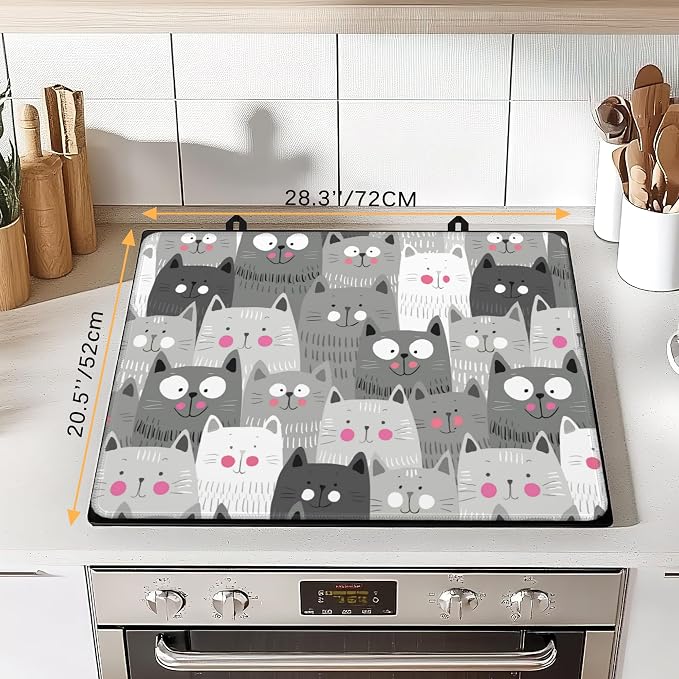 Electric Stove Top Cover Protector – Gray Cartoon Cat Glass Flat Top Stove Mat Oven Induction Cooktop Mat for Ceramic Countertop Mats Heat-Resistant Dish Drying Mat
