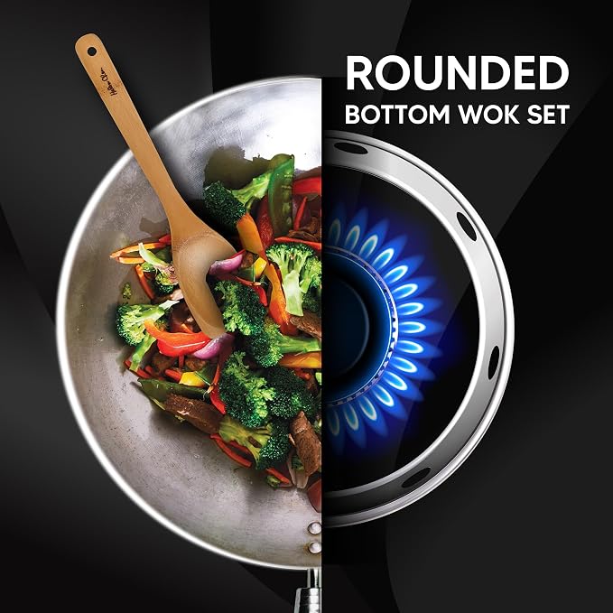 Helen's Asian Kitchen Carbon Steel 4-Piece Wok Set, 12-Inch Round Bottom Wok