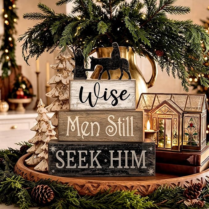 Lineshading 4 Pcs Christmas Nativity Wooden Blocks Wise Men Table Decor | Christian Tiered Tray Decor, Seek Him Message, Rustic Stackable Blocks for Church Home Office Desk, Nativity Scene Display