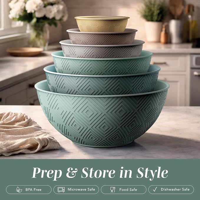 COOK WITH COLOR Mixing Bowls with Lids - 12 Piece Plastic Nesting Bowls Set includes 6 Prep Bowls and 6 Lids, Microwave Safe Mixing Bowl Set, Mint Rhombus
