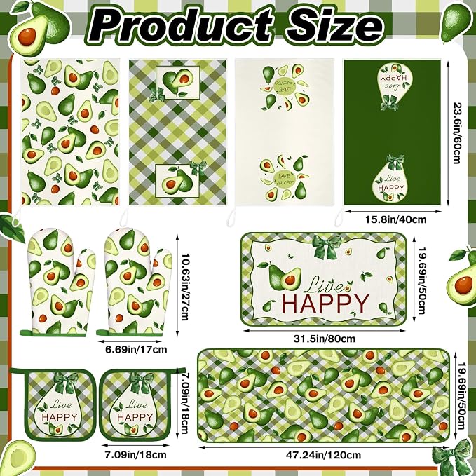Fourluoo 10 Pcs Avocado Farmhouse Kitchen Decor Set Dish Towels Kitchen Rugs Oven Mitts and Pot Holders Set for Cooking Baking Grilling Women Mom Daughter Gift(Green)