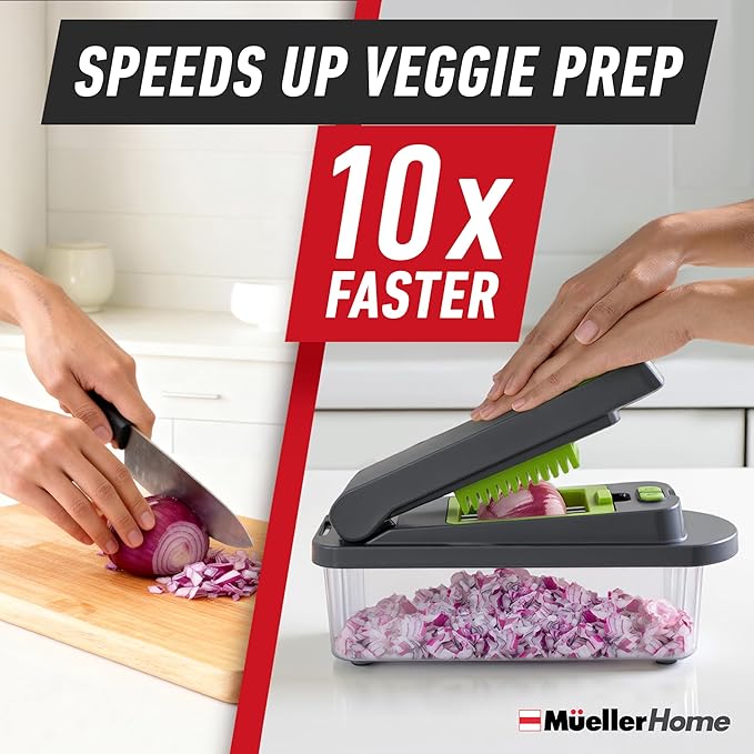 MUELLER HOME Pro-Series 10-in-1 Vegetable Chopper with Container, 8 Blade | Fruit Cutter, Dicer, Tomato Slicer, French Fry Cutter Potato Slicer, Salad Chopper, Gray/Green