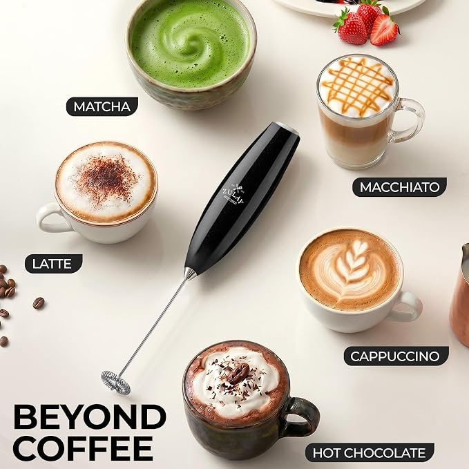 Zulay Powerful Milk Frother for Coffee with Upgraded Titanium Motor - Handheld Electric Whisk, Milk Foamer, Mini Mixer & Coffee Blender for Frappe, Latte, Matcha, No Stand - Fusion Black