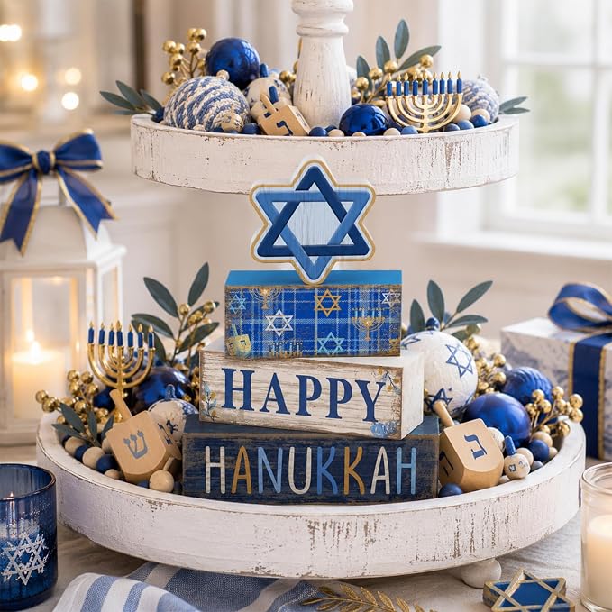 Lineshading 4 Pcs Wooden Hanukkah Block Signs Farmhouse Tiered Decor | Rustic Wood Tabletop Pieces, Stacked Design, Star of David Theme, Festival Centerpiece for Home, Celebration Gift