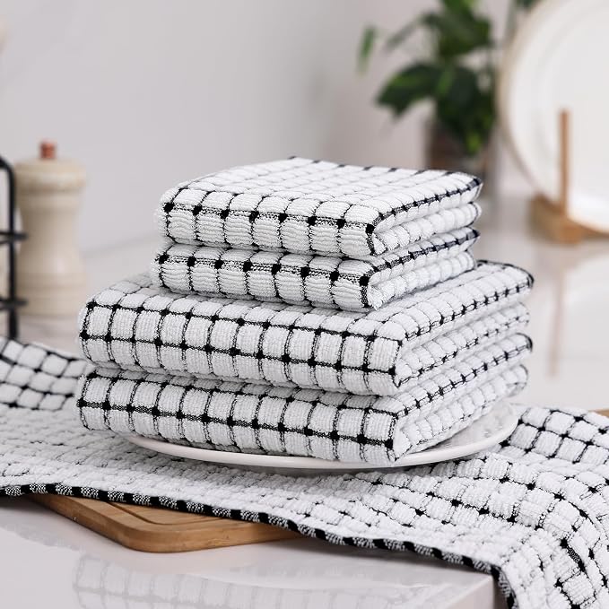 Homaxy Kitchen Towels and Dishcloths Set, Set of 12, Black | Cotton Terry Kitchen Dish Towels, Super Soft and Absorbent Dish Cloths, 16 x 25 and 12 x 12 Inches