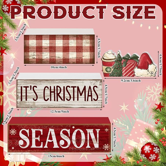 Lineshading 4 Pcs Christmas Table Decoration Wooden Hot Cocoa Santa Hat | Buffalo Plaid Stacked Design, Rustic Tabletop Signs for Mantel Shelf, Season Theme Wooden Blocks, Farmhouse Holiday Gift