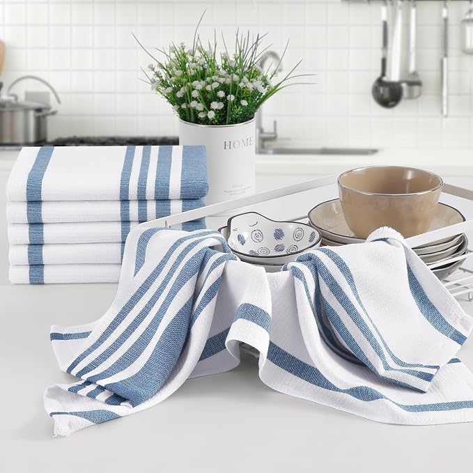 Homaxy Premium Cotton Stripe Kitchen Towels 8 Pack, 18"x 28", Navy Blue | Large 380 GSM Kitchen Hand Towels, Soft Terry Dish Towels, Highly Absorbent Tea Towel Set with Hanging Loop