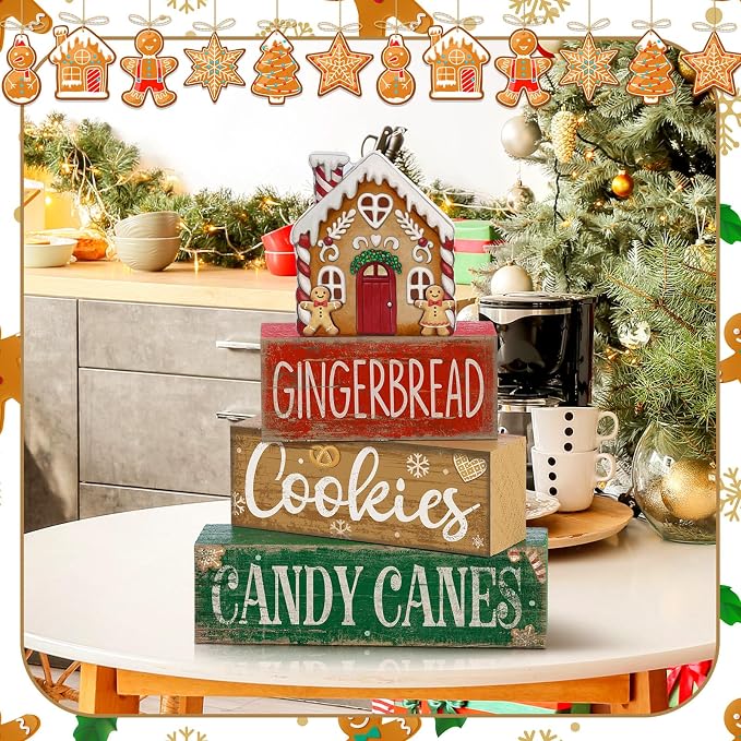 Lineshading 4 Pcs Christmas Table Decor Gingerbread House Tiered Tray Decor | Wood Rustic Gingerbread Block Signs, Christmas Table Centerpiece, Farmhouse Home Decor for Table Kitchen Shelf Party Gift
