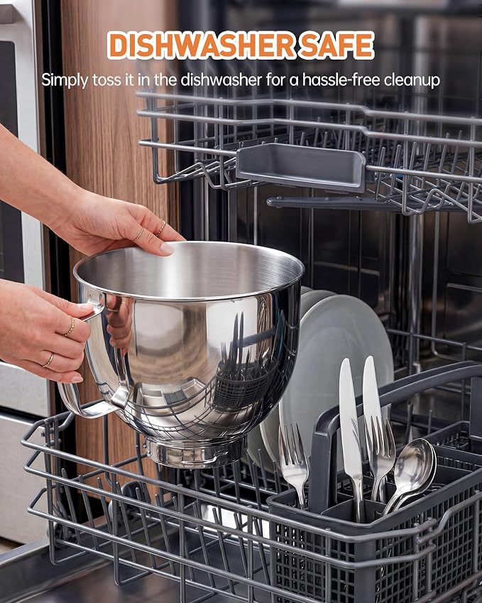 5 QT Food Grade Stainless Steel Mixing Bowl Compatible with KitchenAid | Tilt-Head Stand Mixer 4.5-5 Quart, Replacement Kitchen Aid Bowl with Handle & Clasp, Dishwasher Safe
