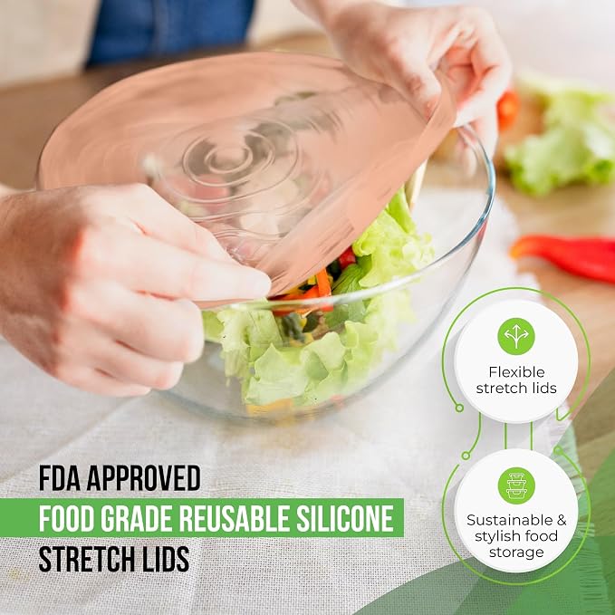 Reusable Silicone Stretch Lids for Food Storage in Fridge - Elastic Heat-Resistant Bowl Covers, Cups, Cans, Jars - Universal Food Grade Lid for Containers - 7 Pack - Apricot Stretchy Lid Set