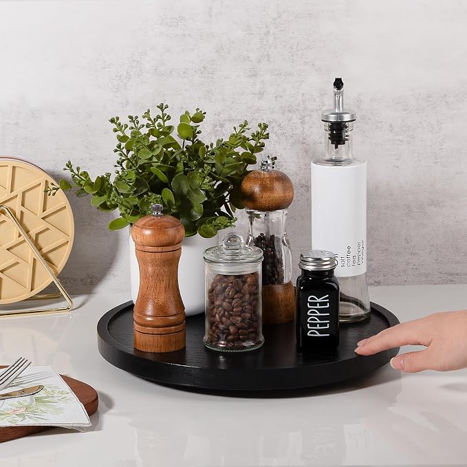 Wood Lazy Susan Turntable Kitchen Decor Round Table Tray, 12" Black | Waterpoof, Easy clean, Non-slip, Rotating Wooden Decorative Pantry Table Tray for Seasoning, spice, snack