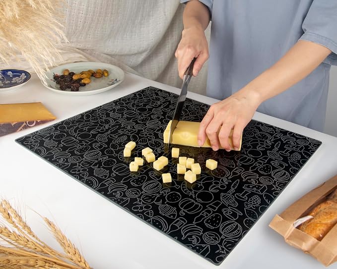 Glass Cutting Board 20”x16”: Tempered Glass Kitchen Counter Protector - Durable- Scratch-Resistant, Heat-Proof - Design 4 - Black Design