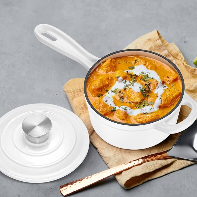 Leonyo 1QT Enameled Cast Iron Saucepan with Lid, Pasta Cookware Pot, White | For All Cooktops Cooking Pasta, Soup, Egg, Up to 500°F & 4.4Lbs