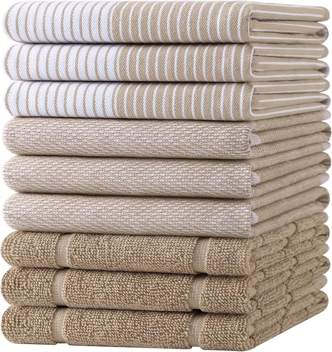 Homaxy 9 Pack Cotton Terry Premium Kitchen Towels, 18 x 28 in, Khaki | Large 380 GSM Dish Towels, Highly Absorben Flat & Terry Kitchen Hand Towels, Soft Utility Tea Towel Set with Hanging Loop
