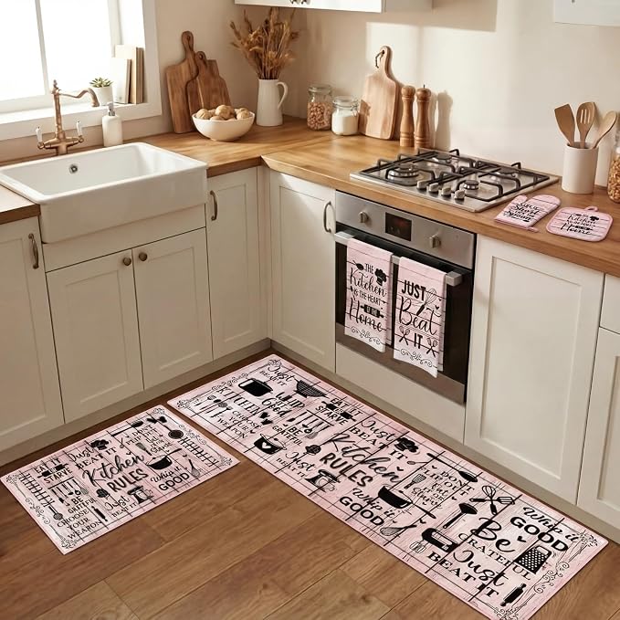Fourluoo 10 Pcs Pink Kitchen Decor Set Pink Woodgrain Dish Towels Kitchen Rugs Oven Mitts and Pot Holders Farmhouse Decor for Cooking Baking Grilling Women Mom Gift