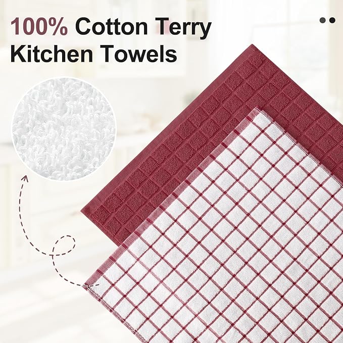 Homaxy Large Premium Cotton Kitchen Towels 16"x 28", 12 Pack, Red | Natural Ring Spun 390 GSM Dish Towels, Super Absorbent Terry Kitchen Hand Towels, Soft Tea Towels with Hanging Loop