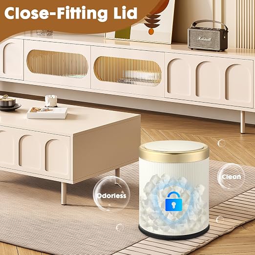 Automatic Bathroom Trash Can with Lid,Motion Sensor Small Trash cans | 2.8 Gallon Touchless Garbage Can, Cute Small Plastic Wastebasket,Sensor White and Gold Trash Bin for kitchen,Bedroom,Office