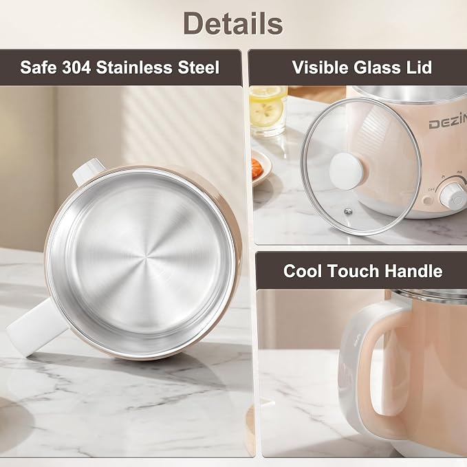 Dezin 1.6L Electric Pot, Stainless Steel Electric Hot Pot with Dual Power | Keep Warm, Ramen Cooker, for Egg, Pasta, Soup, Porridge & Oatmeal, Overheat & Boil-Dry Protection, Ideal for Dorm & Office