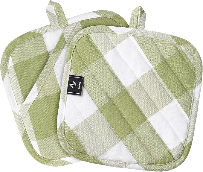 Cotton Pot Holders for Kitchen Heat Resistant Potholder Hot Pads Trivet Coaster Non-Slip Potholders Set for Cooking and Baking (2, Green Plaid, Square，8.27 in²)