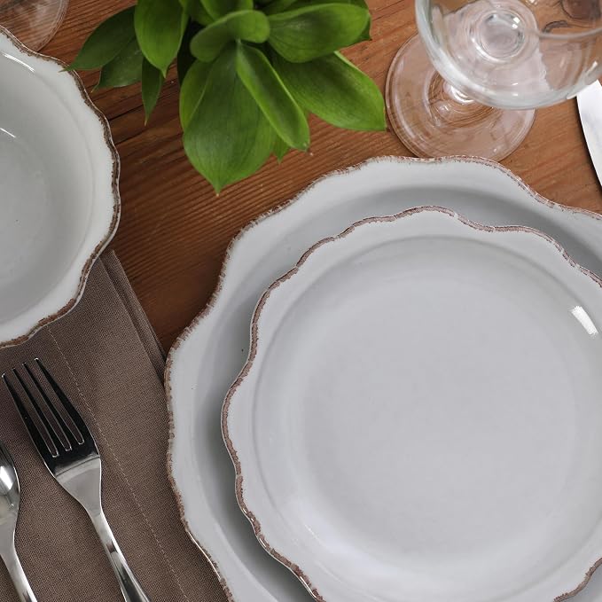 Gibson Elite Kennon Road Plates and Bowls Set, 12-Piece Dinnerware Set, White Scalloped Stoneware Dishes, Dinner Plates, Salad Plates & Cereal Bowls, Reactive Glaze