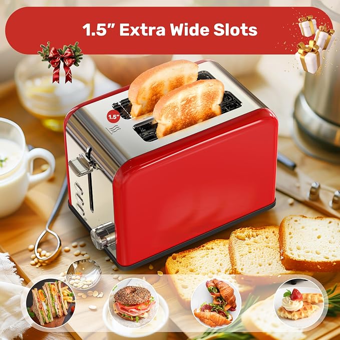 YSSOA Stainless Steel Toaster 2 Slice with Extra Wide Slot & Removable Crumb Tray, 6 Shade Settings and Bagel/Defrost/Cancel Functions, Compact Oven, for Various Bread & Waffle, Red New