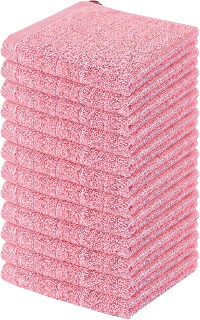 Homaxy 100% Cotton Terry Kitchen Dish Cloths, 12 Pack, Pink | Ultra Soft and Absorbent, Suitable for Drying and Washing Dishes