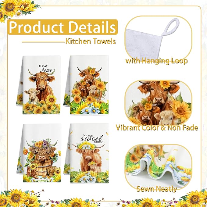 8 PCS Highland Cow Kitchen Decor and Accessories, 4 Dish Towels Set 2 Oven Mitts and Pot Holders Sets for Cooking Baking Home Sweet Home Sunflower Cattle Watercolor Farmhome