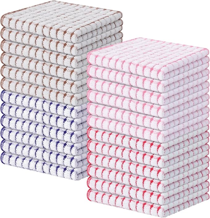 Kitinjoy Cotton 24 Pack Terry Kitchen Dish Cloths, Mix Colour | 12 x 12 Inches Super Soft and Absorbent Dish Rags, Quick Drying Dish towels for Washing Dishes