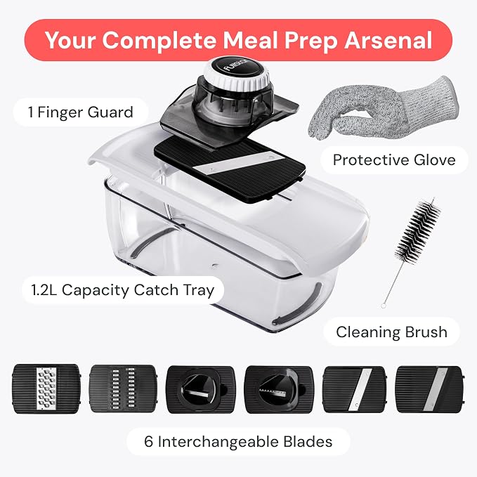 Fullstar Pro Mandoline Vegetable Slicer, Grater & Spiralizer with Container | 6 in 1 Fruit Cutter, Cheese Grater & Spiralizer with Safety Gloves, Stainless Steel Blades & Container (White)