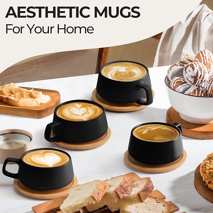 MIAMIO - Cappuccino Cup Set of 4, Ceramic (9.5oz) - Luxe (Black) | Ceramic cappuccino cups and saucers, wide latte cups and mugs for Americano, 4-piece set of ceramic cups - dishwasher safe