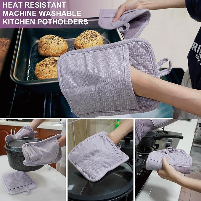 Pot Holders Yarn-Dyed Set of 3 Non Slip Silicone Kitchen Lines | Heat Resistant 500℉ Kitchen Gloves BBQ Baking Women Men Cooking Barbecue Microwave Machine Washable (Purple Potholders)