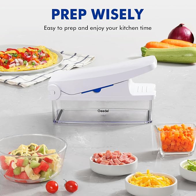 Geedel Vegetable Chopper with Container, 4 in 1 Food Chopper Veggie Slicer | Onion Chopper, 420 Stainless Steel, Safety Lock, Dishwasher Safe, No BPA, Cleaning Brush Included, for Vegetables, Cheese