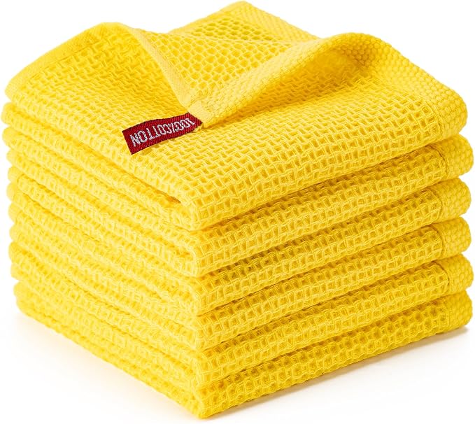 Kitchen Towels 6-Pack Kitchen Dish Cloths,100% Cotton,12x12 In,Yellow | Towels Waffle Weave,Ultra Soft Absorbent, Quick Drying