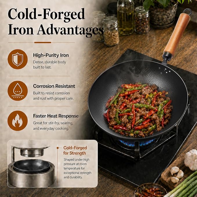 11" Round Bottom Carbon Steel Wok with Glass Lid, Traditional Chinese Stir Fry Pan for Gas Stove & Wok Ring, 3.2 QT Small Wok for 1–3 People, Uncoated, Wood Handle, Seasoning Required