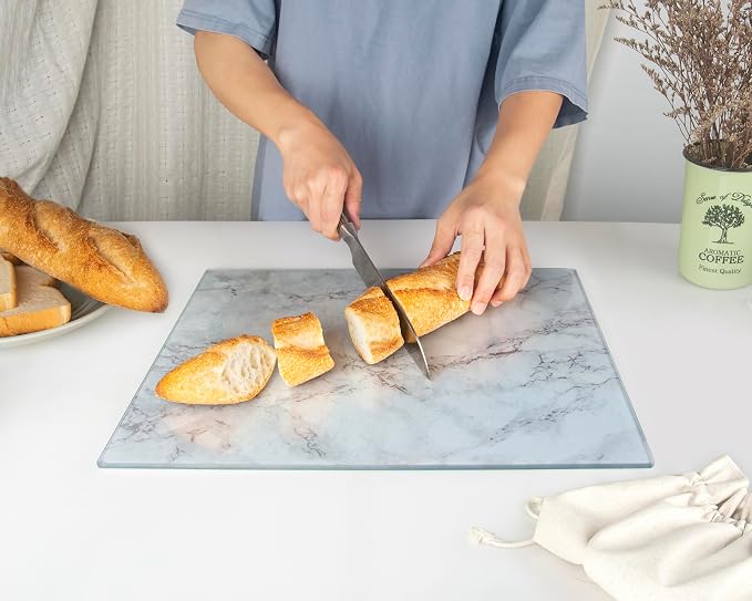 Glass Cutting Board 16"x12": Tempered Glass Kitchen Counter Protector - Durable- Scratch-Resistant, Heat-Proof - Design 3 - Grey Marble Effect