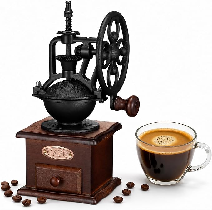Vintage Manual Coffee Grinder with Cast Iron Ferris Wheel Hand Crank, Wooden Coffee Mill with Ceramic Burr, Adjustable Grind Size for Espresso, French Press, Pour Over, Home Barista Coffee Gift