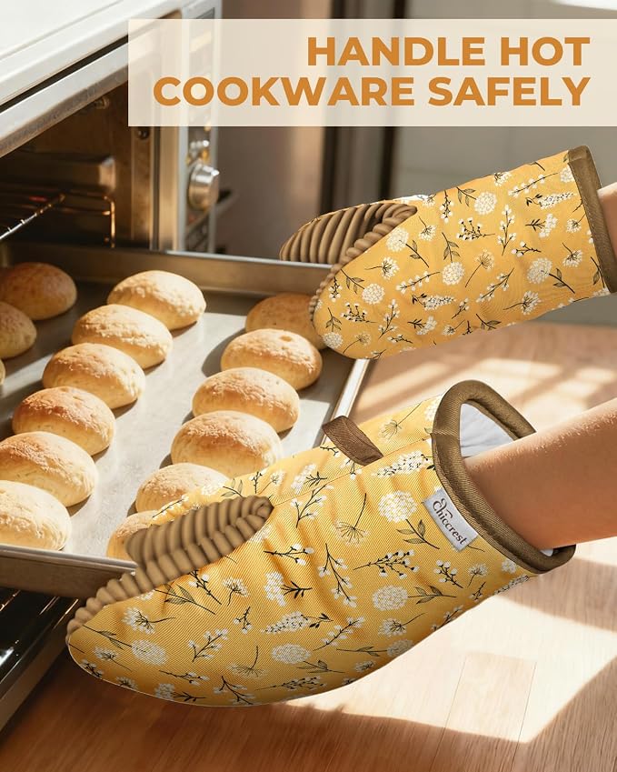 100% Thick Cotton Oven Mitts Ribbed Soft Silicone Yellow Flower | Aesthetic Oven Mitts for Women, Machine Washable Non-Slip Kitchen Mitts, Reversible for Both Hands, Stylish Kitchen Decor