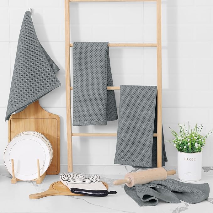 Homaxy 100% Cotton Waffle Weave Kitchen Dish Towels 4-Pack, Grey | 13 x 28 Inches, Ultra Soft Absorbent Dish Towels, Quick Drying Cleaning Towels
