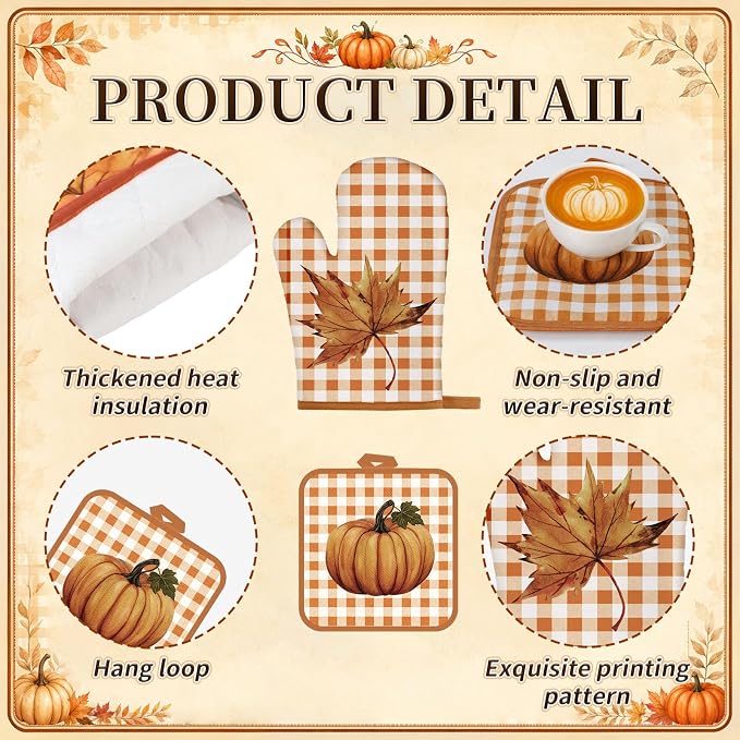 Fanfanwin 10 Pcs Fall Pumpkin Kitchen Decor Set Maple Leaves Kitchen Towels Pot Holders Oven Mitts and Rugs Set for Cooking Baking Gift Harvest Autumn Home Decor