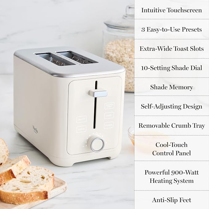Martha Stewart 2-Slice Toaster, 3 Presets & 10 Shade Settings, Linen Cream | Gluten-Free, Bagels, Extra-Wide Self Centering Slots, Waffles & Artisan Bread, Shade Memory, Cord Wrap & Removable Crumb Tray