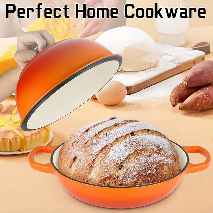 Enameled Bread Oven Dutch Oven Pot with Lid Bread Dutch Oven Orange | for Sourdough Bread Baking, 6 Quarts 10" Cast Iron Bread Pan with Dome Lid, Non-stick Cookware for Homemade Bread