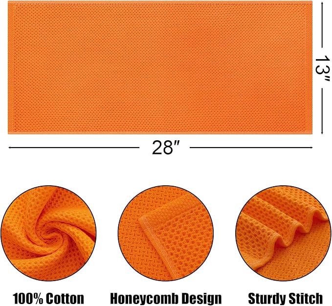 Kitinjoy 100% Cotton Waffle 4-Pack Kitchen Towels, 13" x 28", Orange | Super Soft, Ultra-Absorbent, Fast Drying, lightweight, Quick Drying Kitchen Hand Towels