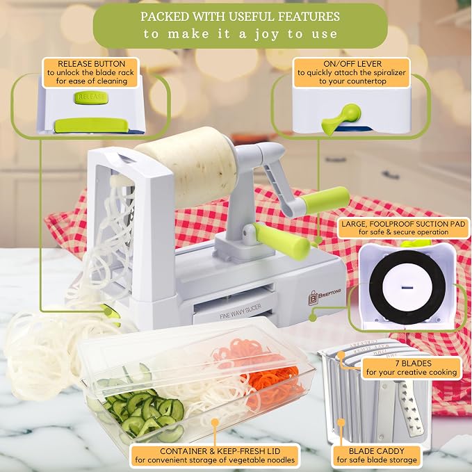 Brieftons 7-Blade Vegetable Spiralizer: Veggie Noodle Maker with Curly Fry & Crinkle Chip Blades, Catch Container, Keep-Fresh Lid, Blade Caddy, 4 eBooks | Low Carb, Vegan, Gluten-Free, Keto, Paleo