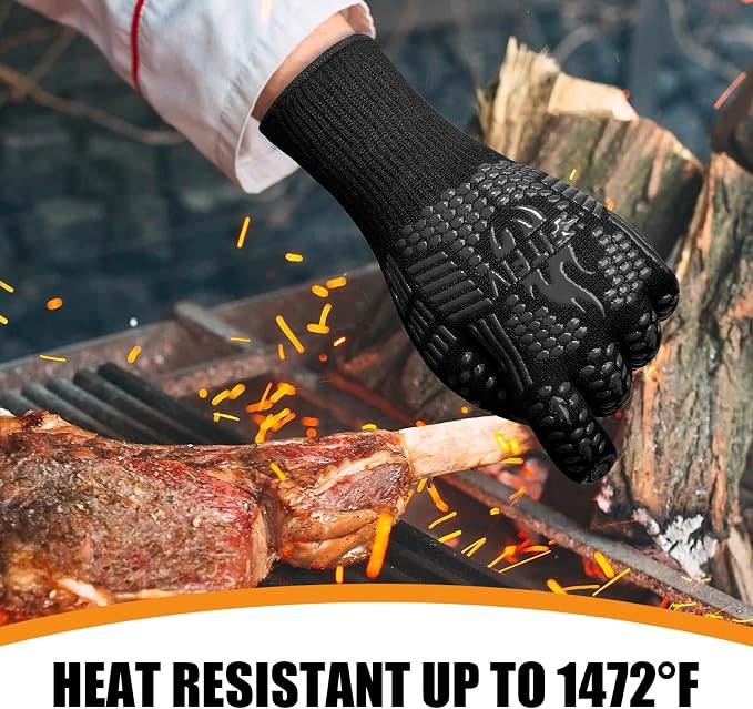 BBQ Gloves, 1472°F Heat Resistant with Silicone Grip Oven Mitts | Non-Slip Grip, for BBQ, Grilling, Oven, Smoker, Cooking and Baking